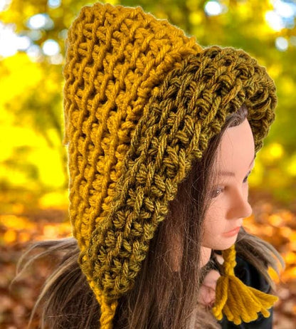 Handmade Crochet Bonnet Woodland Hat Pixie Mustard Yellow Green Adult Emo Goth Whimsy Elf Fairy Forage Winter Gift HT38