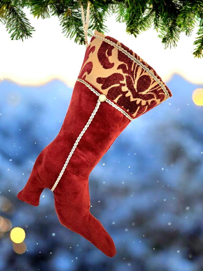 Christmas Stocking Stiletto High Heel Boot Xmas Burgundy Red Velvet & Gold Brocade Braid Happy Holidays Decor Gift SK1