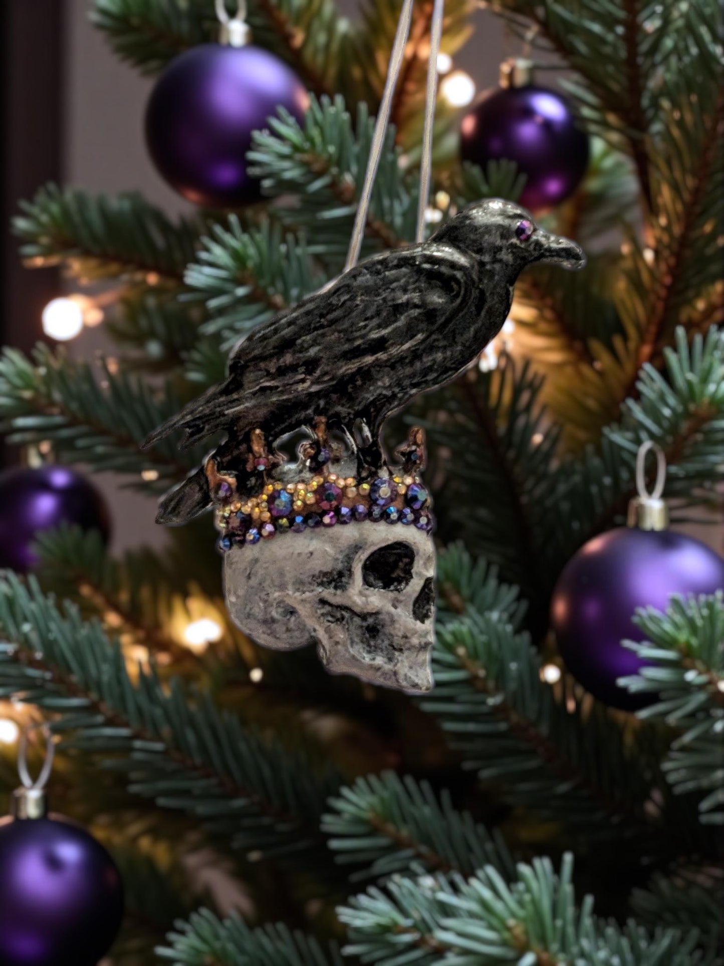 Crowned Skull Christmas Ornament, Raven and Iridescent Gems