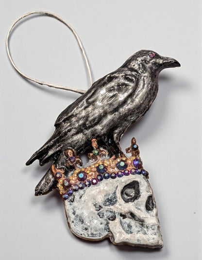 Crowned Skull Christmas Ornament, Raven and Iridescent Gems