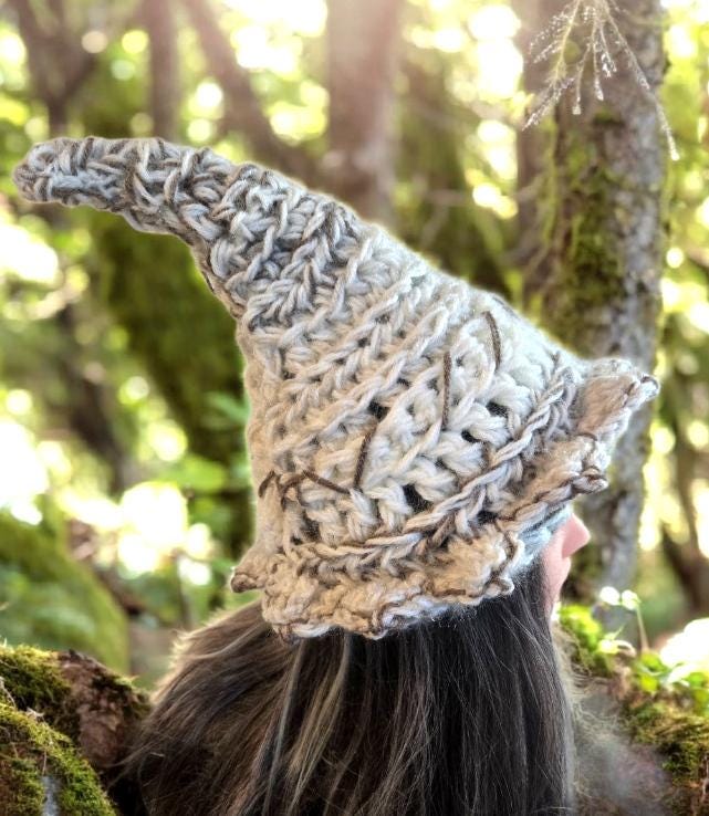 Handmade OOAK Chunky Woodland Forest Pixie Hat Crochet OOAK Whimsy Cream Taupe Brown White Elf Fable Fairy Gnome Autumn HT45
