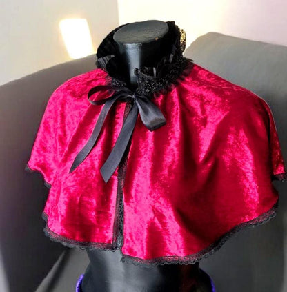 Red Velvet Victorian Cape Capelet Steampunk Wedding Whitby Regency Circular Black Lace Gothic Theatre Costume Fancy Dress CP51