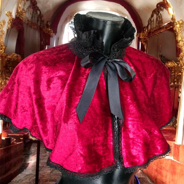 Red Velvet Victorian Cape Capelet Steampunk Wedding Whitby Regency Circular Black Lace Gothic Theatre Costume Fancy Dress CP51