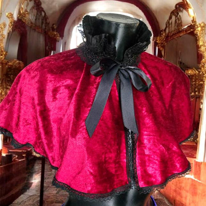 Red Velvet Victorian Cape Capelet Steampunk Wedding Whitby Regency Circular Black Lace Gothic Theatre Costume Fancy Dress CP51