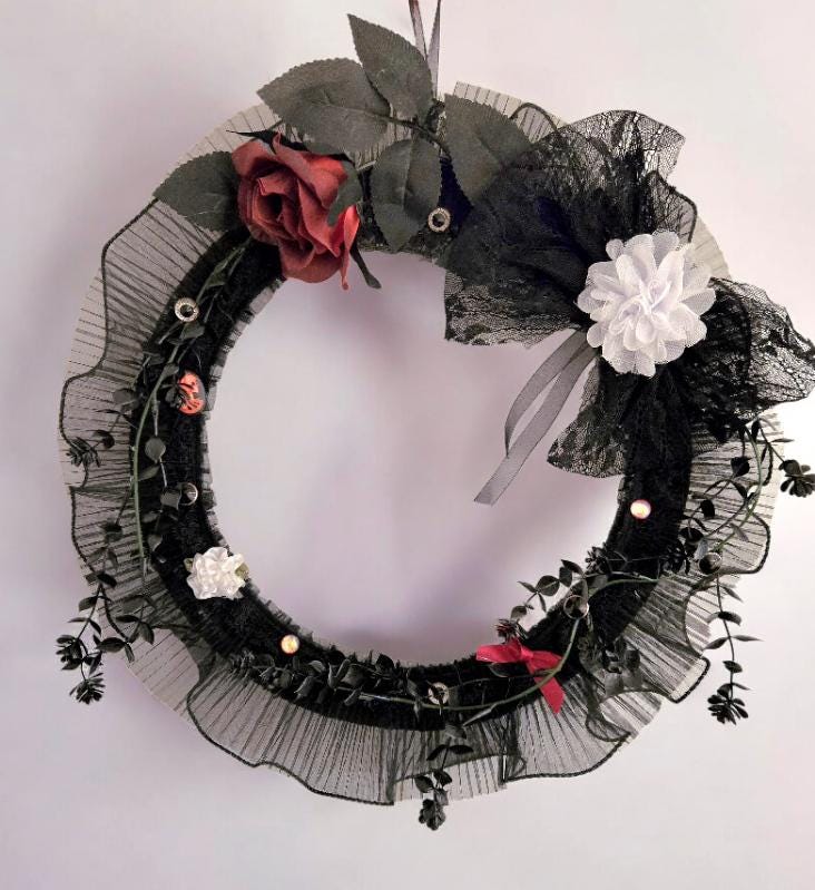 Gothic Christmas Wreath: Black Lace, Burgundy Roses & Skull Decor