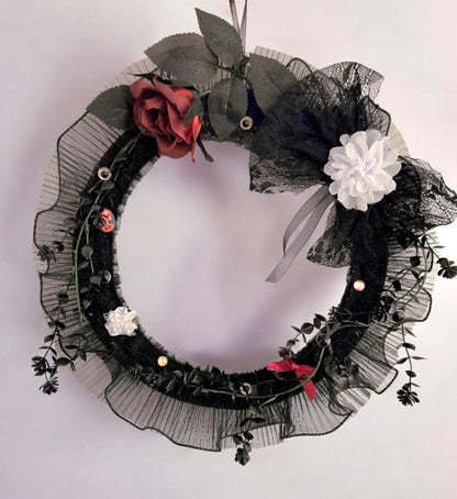 Gothic Christmas Wreath: Black Lace, Burgundy Roses & Skull Decor