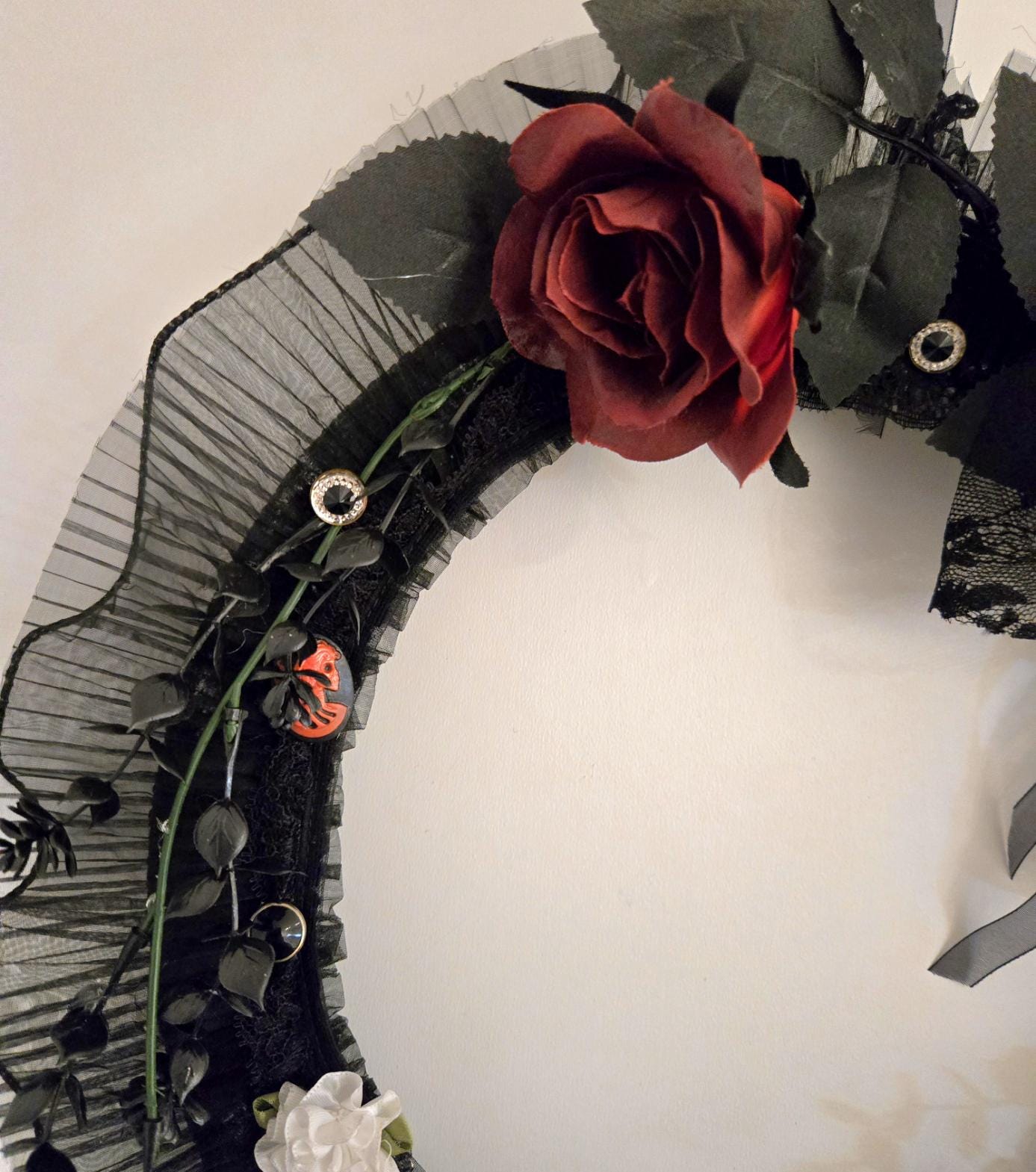 Gothic Christmas Wreath: Black Lace, Burgundy Roses & Skull Decor