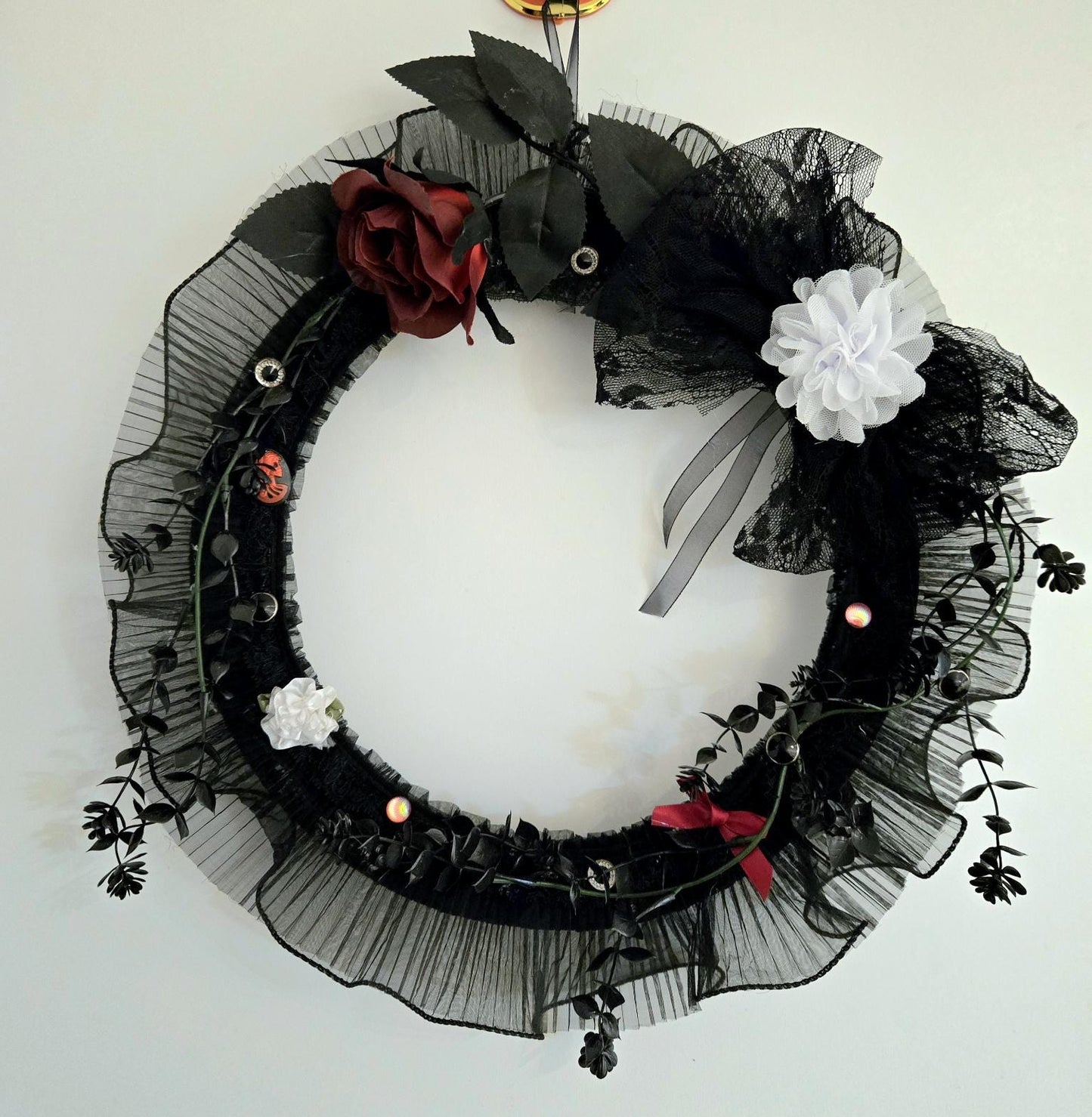 Gothic Christmas Wreath: Black Lace, Burgundy Roses & Skull Decor