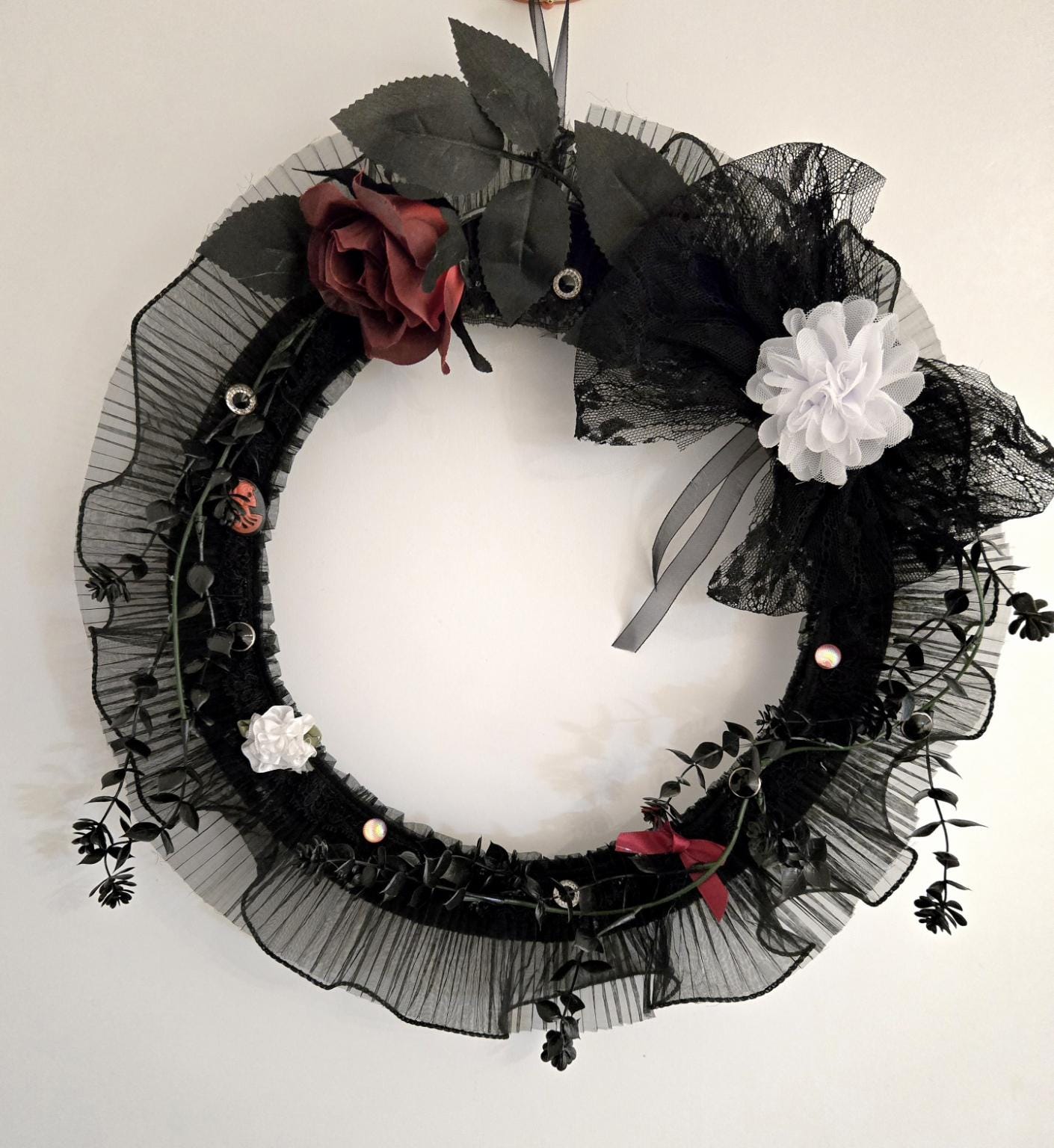Gothic Christmas Wreath: Black Lace, Burgundy Roses & Skull Decor