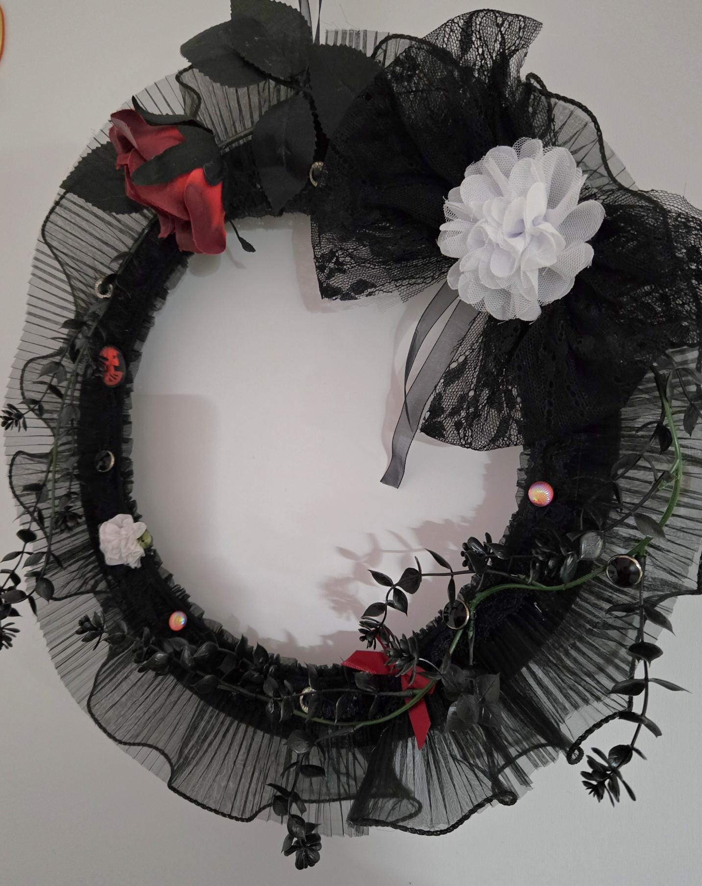 Gothic Christmas Wreath: Black Lace, Burgundy Roses & Skull Decor