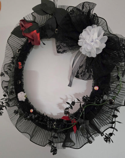 Gothic Christmas Wreath: Black Lace, Burgundy Roses & Skull Decor