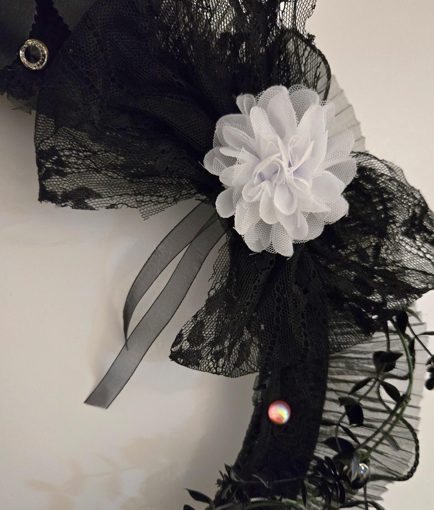 Gothic Christmas Wreath: Black Lace, Burgundy Roses & Skull Decor