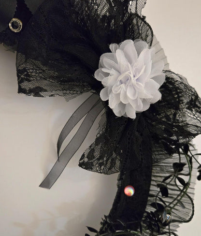 Gothic Christmas Wreath: Black Lace, Burgundy Roses & Skull Decor