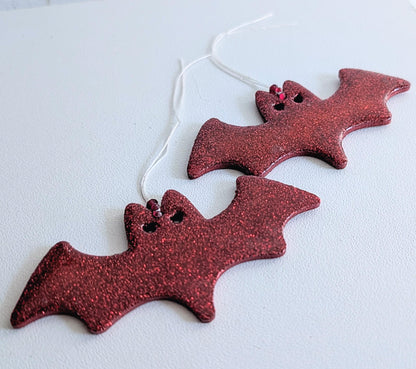 Set of 2 Red Glitter Bat Christmas Ornaments, Gothic Xmas Decor