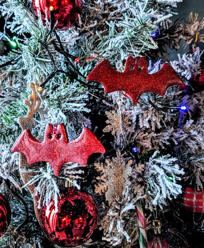 Set of 2 Red Glitter Bat Christmas Ornaments, Gothic Xmas Decor