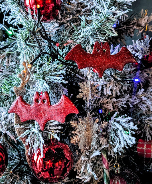 Set of 2 Red Glitter Bat Christmas Ornaments, Gothic Xmas Decor