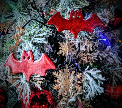 Set of 2 Red Glitter Bat Christmas Ornaments, Gothic Xmas Decor