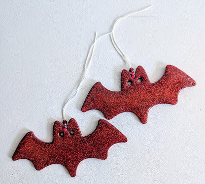 Set of 2 Red Glitter Bat Christmas Ornaments, Gothic Xmas Decor