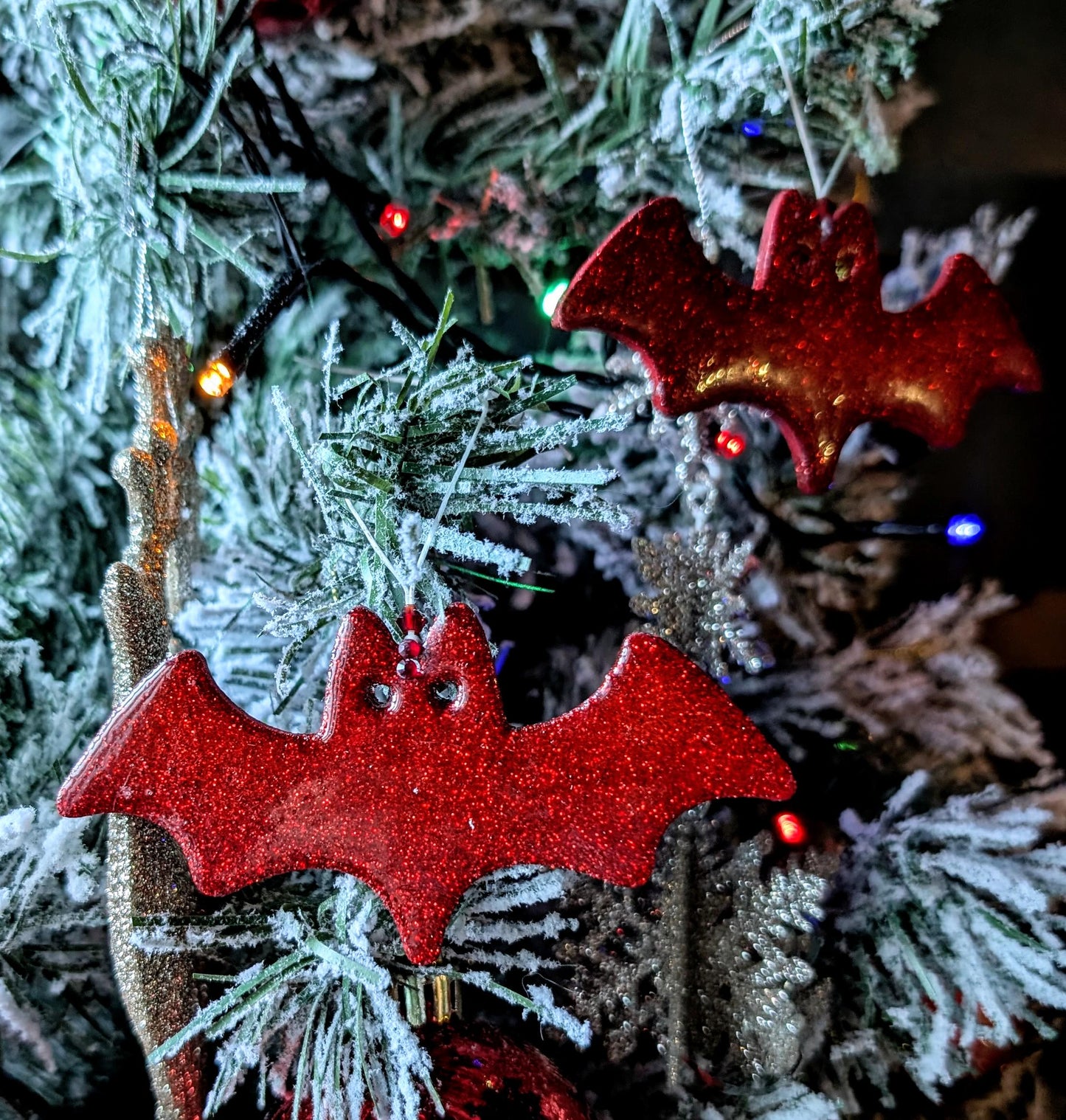 Set of 2 Red Glitter Bat Christmas Ornaments, Gothic Xmas Decor