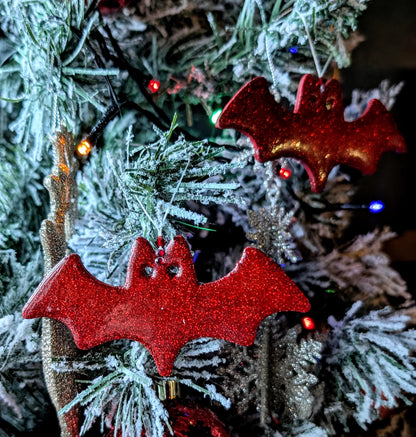 Set of 2 Red Glitter Bat Christmas Ornaments, Gothic Xmas Decor