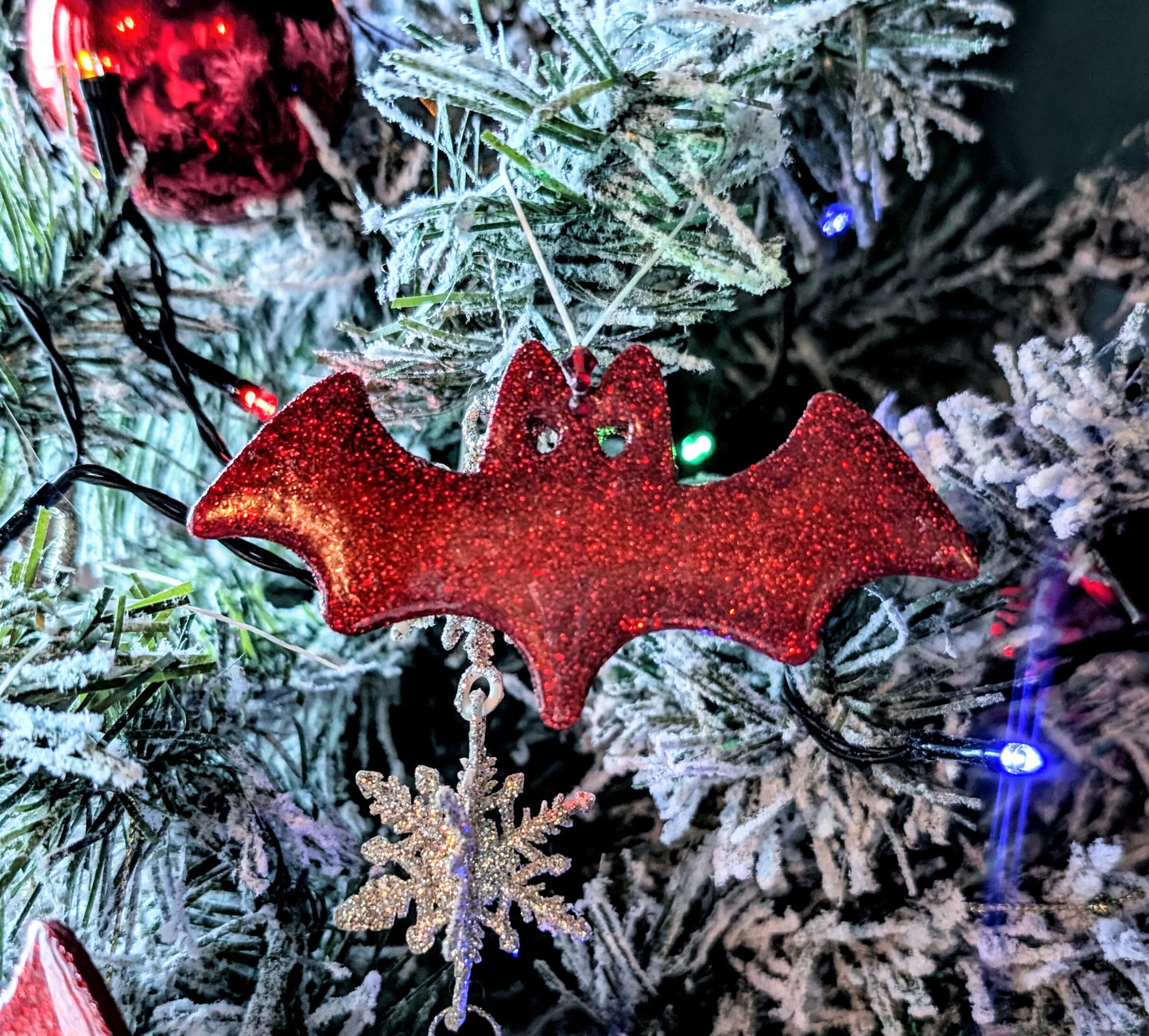 Set of 2 Red Glitter Bat Christmas Ornaments, Gothic Xmas Decor