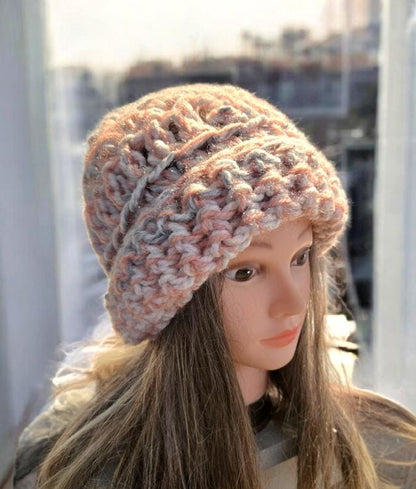 Handmade Crochet Chunky Beanie Hat OOAK Pink Grey White Adult Emo Goth Fairy Forage HT56