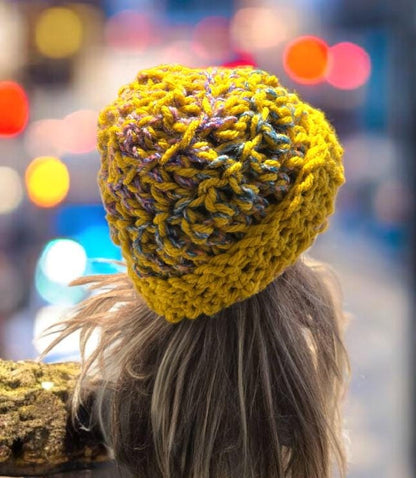 Handmade Crochet Chunky Beanie Hat OOAK Mustard Yellow Fleck Adult Emo Goth Fairy Forage HT57