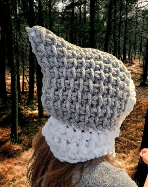 Handmade Hood OOAK Crochet Woodland Hat Pixie Grey White Adult Emo Elf Fairy Winter HT59