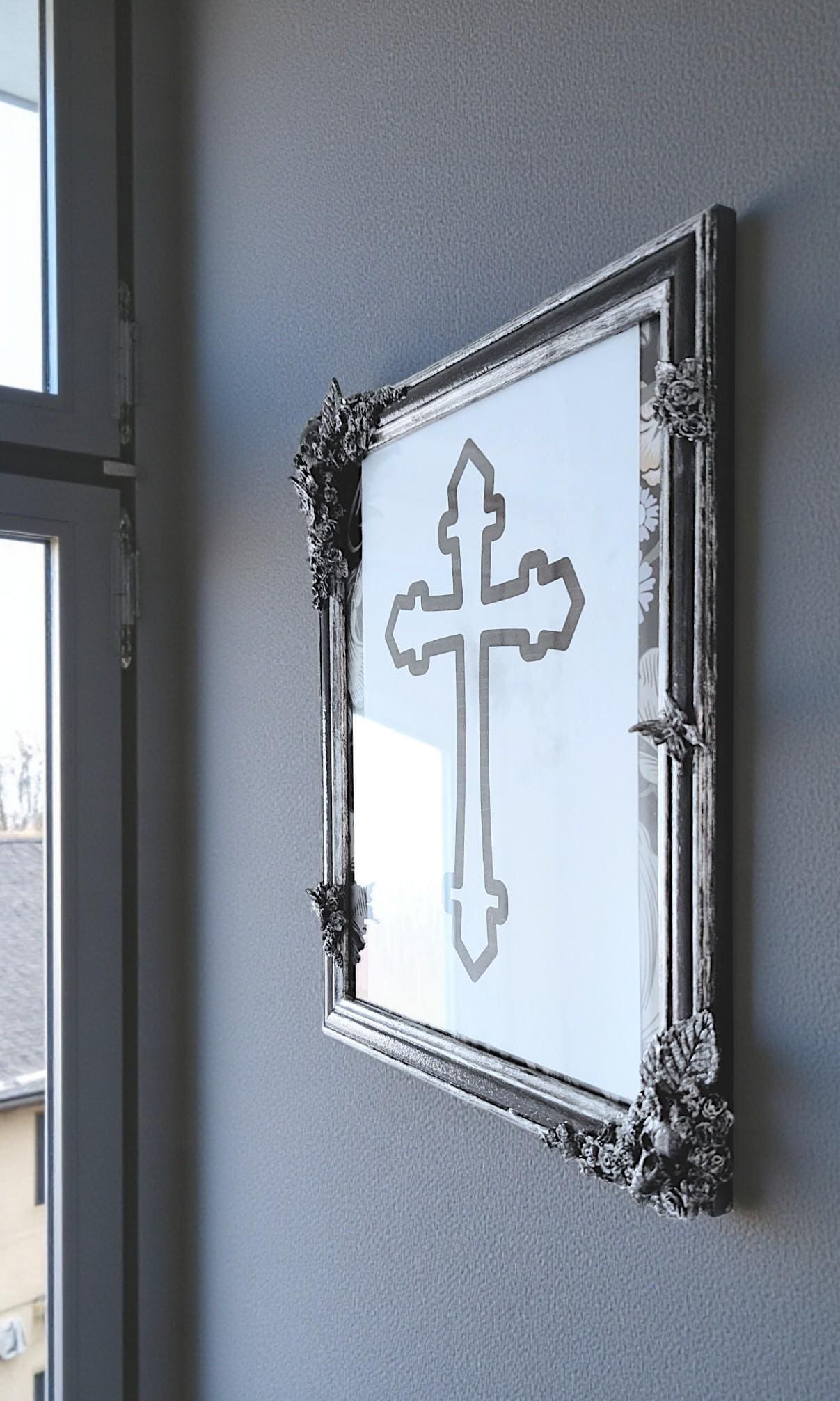 12 x 10" Black + Silver gothic portrait wall hanging photo picture frame Art Certificate display. Skulls, flowers, roses & butterflies. gift