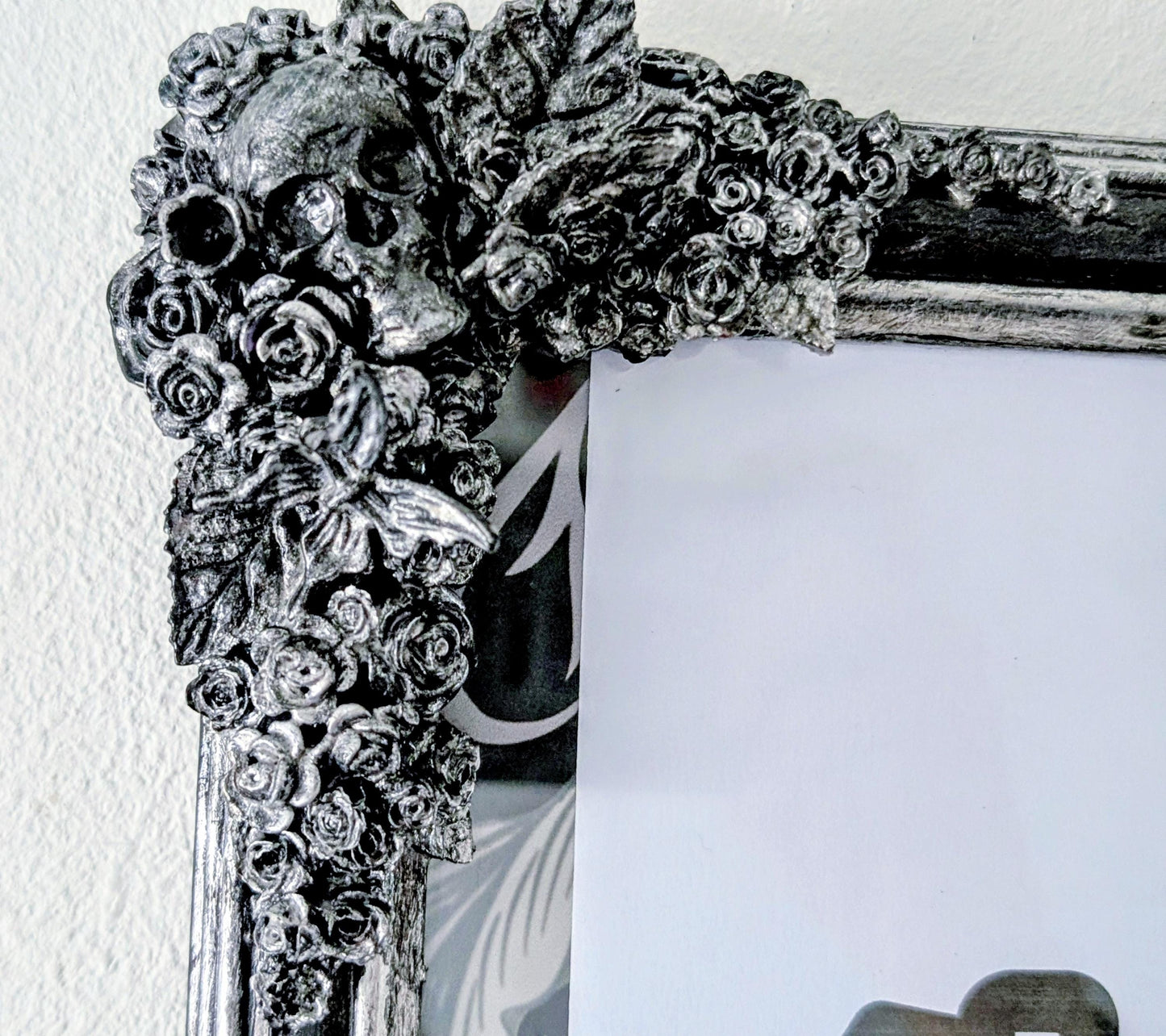 12 x 10" Black + Silver gothic portrait wall hanging photo picture frame Art Certificate display. Skulls, flowers, roses & butterflies. gift