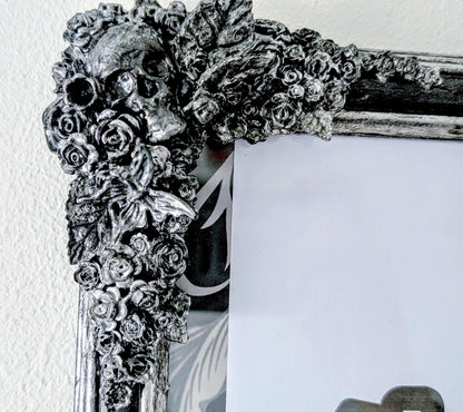 12 x 10" Black + Silver gothic portrait wall hanging photo picture frame Art Certificate display. Skulls, flowers, roses & butterflies. gift