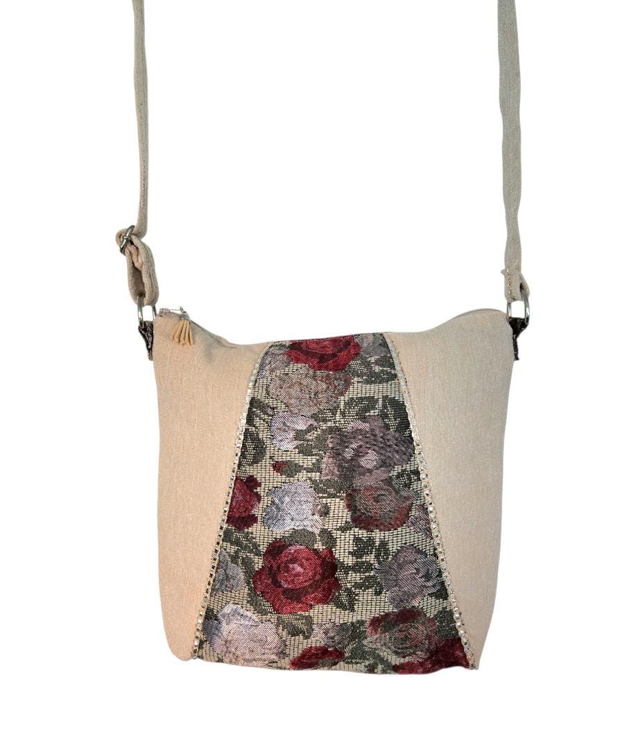 Cream Velvet Chenille Red Roses Brocade Shoulder Crossbody Bag Fully Lined With Zip