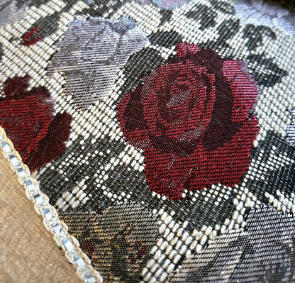 Cream Velvet Chenille Red Roses Brocade Shoulder Crossbody Bag Fully Lined With Zip