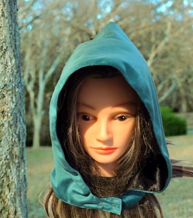 Green Velvet Hood Black Satin Lining Goth Larp ReEnactment Bonnet Whimsical Wizard Winter HT61
