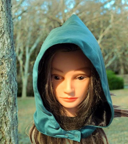 Green Velvet Hood Black Satin Lining Goth Larp ReEnactment Bonnet Whimsical Wizard Winter HT61