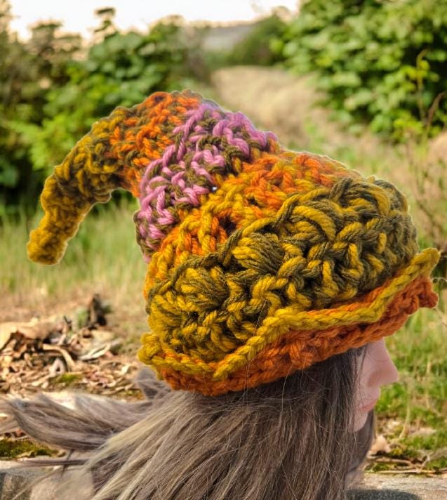 Handmade OOAK Chunky Woodland Forest Pixie Hat Crochet OOAK Whimsy Mustard Pink Burnt Orange Elf Fable Fairy Gnome Autumn HT42