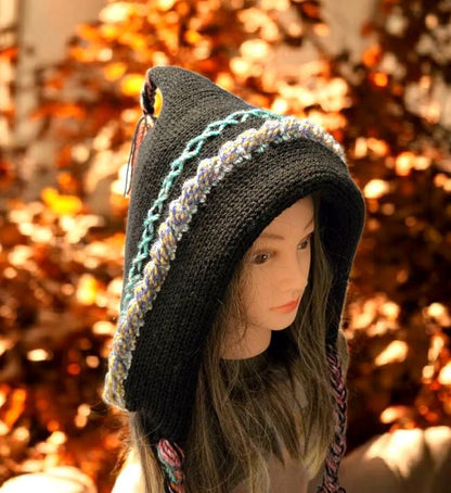 Handmade OOAK Chunky Hood Hat Pixie Black Pink Blue Tassels Winter Bonnet Elf HT62