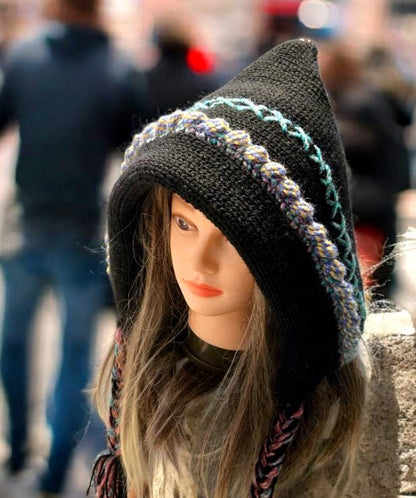 Handmade OOAK Chunky Hood Hat Pixie Black Pink Blue Tassels Winter Bonnet Elf HT62