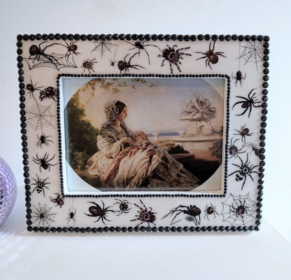7 x 5" free standing photo frame. Painted white with black gems spiders. Creepy spiders arachnid fan unusual home gift couples housewarming