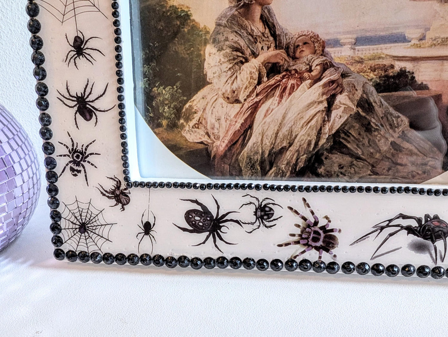 7 x 5" free standing photo frame. Painted white with black gems spiders. Creepy spiders arachnid fan unusual home gift couples housewarming