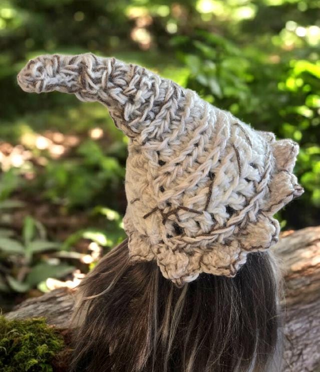 Handmade OOAK Chunky Woodland Forest Pixie Hat Crochet OOAK Whimsy Cream Taupe Brown White Elf Fable Fairy Gnome Autumn HT45