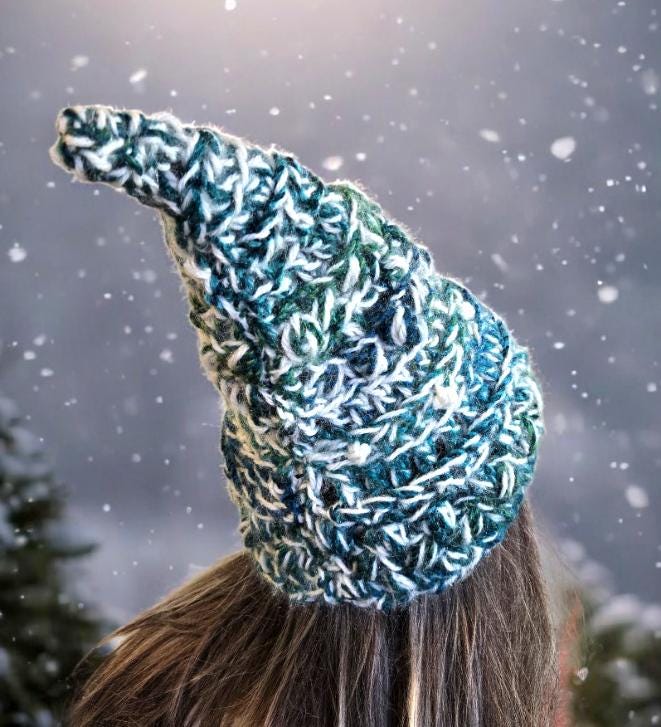 Handmade OOAK Chunky Woodland Forest Pixie Hat Crochet Whimsical Blue Green Cream Elf Fable Fairy Autumn HT49