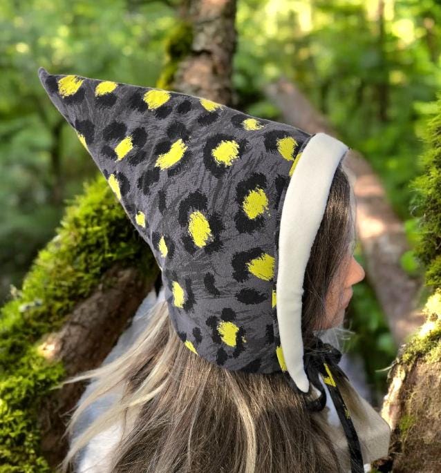 Fleece Lined Pixie Hat: Grey, Yellow, Black Whimsical Adult Bonnet
