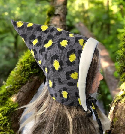 Fleece Lined Pixie Hat: Grey, Yellow, Black Whimsical Adult Bonnet