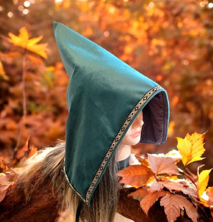 Green Velvet Woodland Pixie Hat Bonnet Hood Lined Whimsical Fairy Adult Winter Christmas HT51