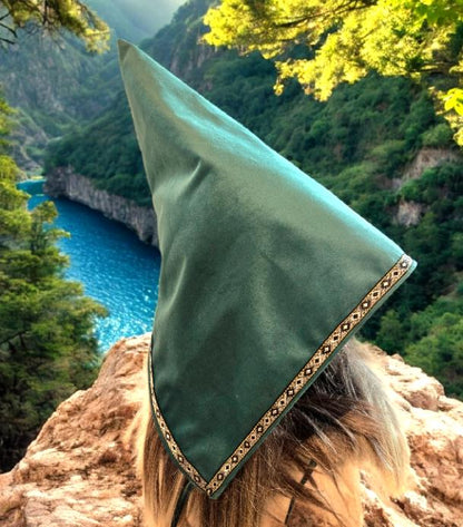 Green Velvet Woodland Pixie Hat Bonnet Hood Lined Whimsical Fairy Adult Winter Christmas HT51