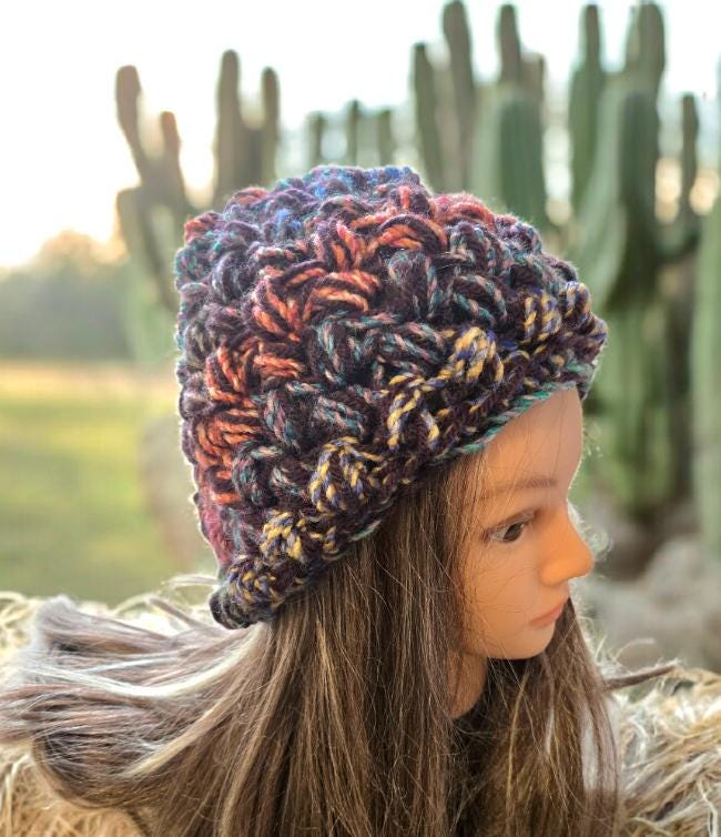Handmade Crochet Beanie Hat OOAK Pink Blue Green Adult Emo Goth Fairy Forage HT52
