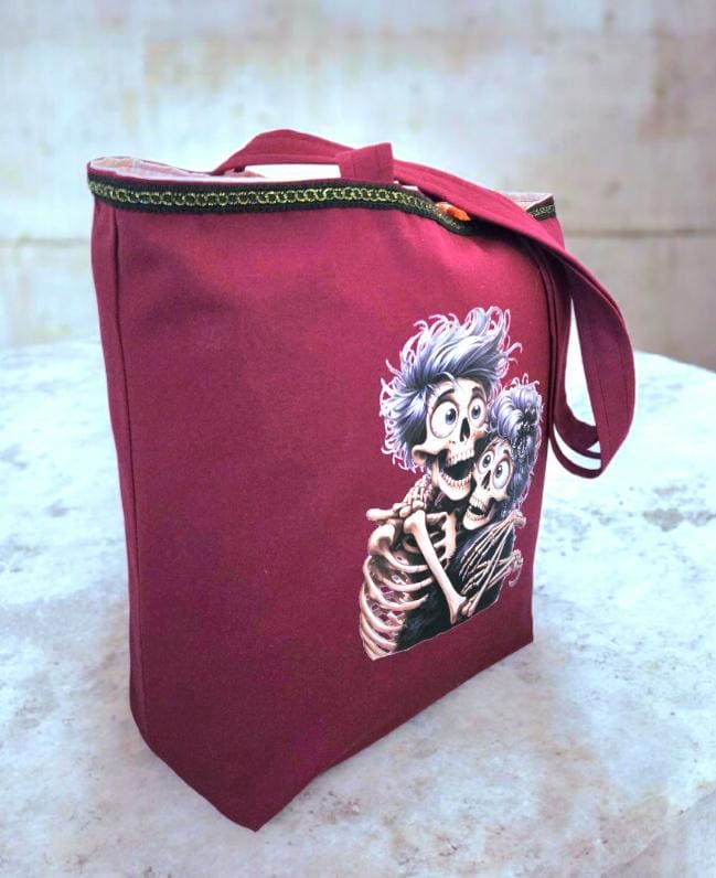Handmade Burgundy Red Large Tote Bag With Skull Design - Fully Lined Shopper Shoulder BA3