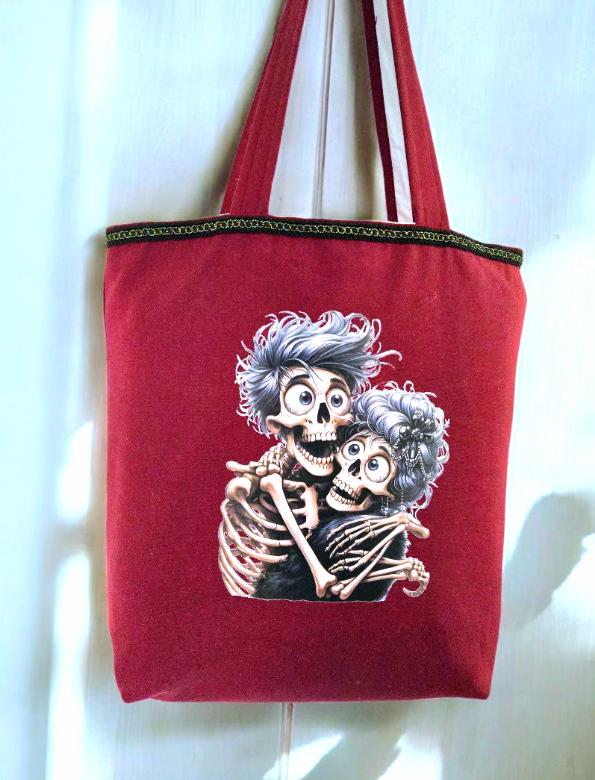 Handmade Burgundy Red Large Tote Bag With Skull Design - Fully Lined Shopper Shoulder BA3