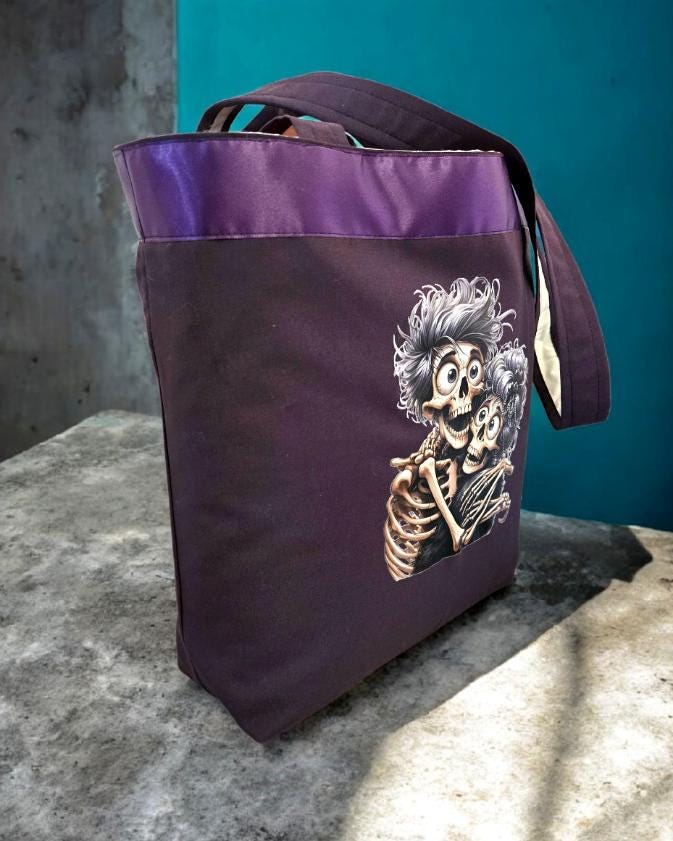 Handmade Purple Large Tote Bag With Skull Design - Fully Lined Shopper Shoulder